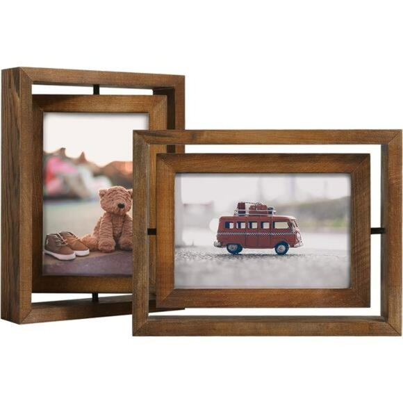 Rustic wood 4x6 rotating picture frame set double sided glass photo display - Picture 1 of 7